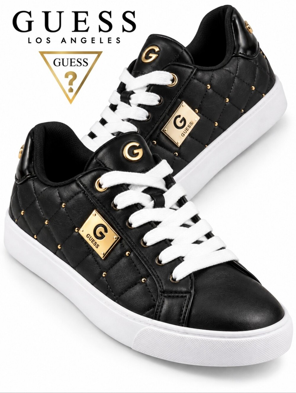 NWT G by GUESS Black Quilted Gold Stud Sneakers Women’s Size: 7.5